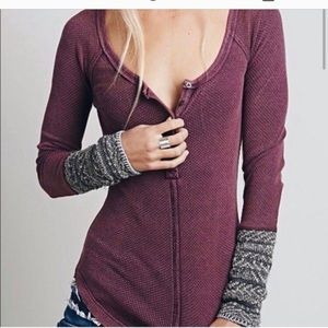 FREE PEOPLE Plum Button Down Thermal Henley Long Sleeve Alpine Knit Cuff Sz S